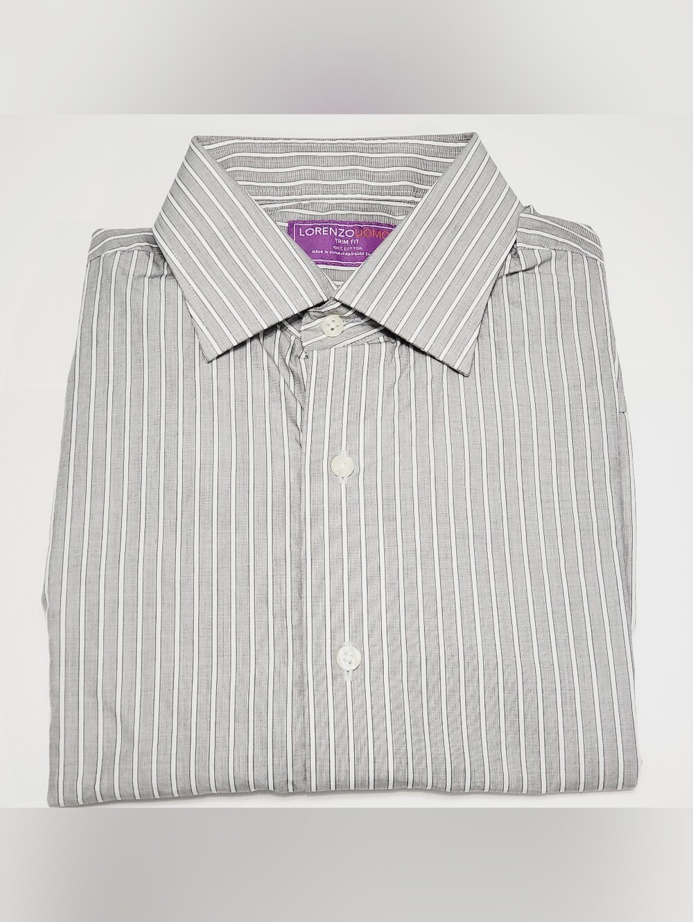 Lorenzo Uomo Men's Dress Shirt Gray Stripe Pattern 15.5-34/35" Trim Fit